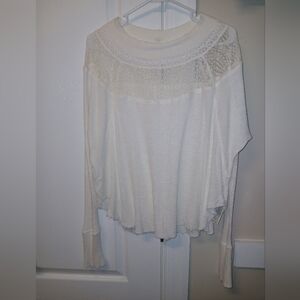 Free People Ivory Waffle Weave Traveling Crochet Lace Neck Sweater Sz XS